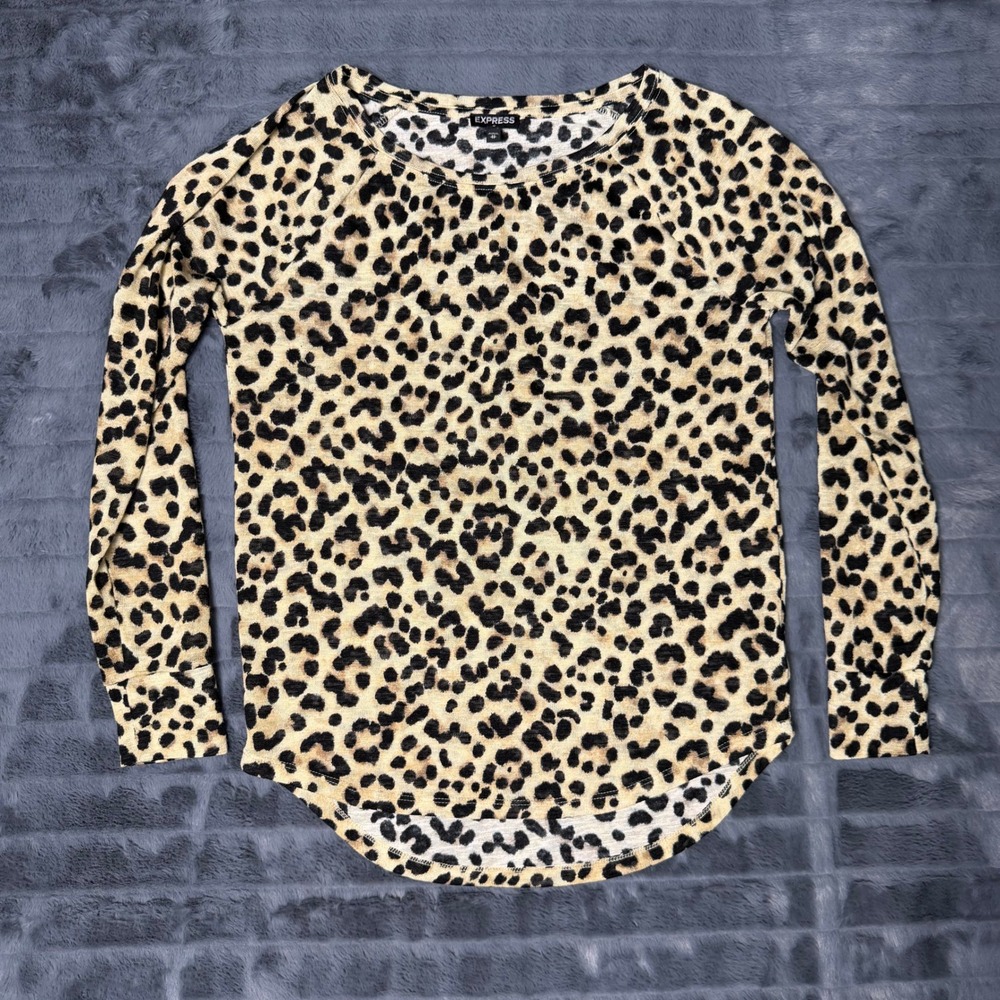 Express Leopard Print Top Women XS Tan Black Animal Print Raglan Long Sleeve